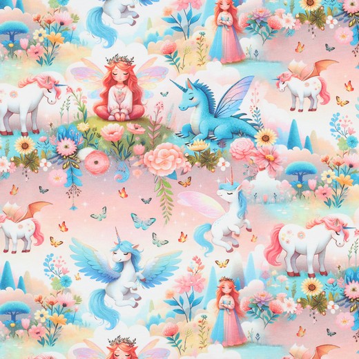 Bomullstrikå Sömnig sagovärld rosa/turkos fg 5