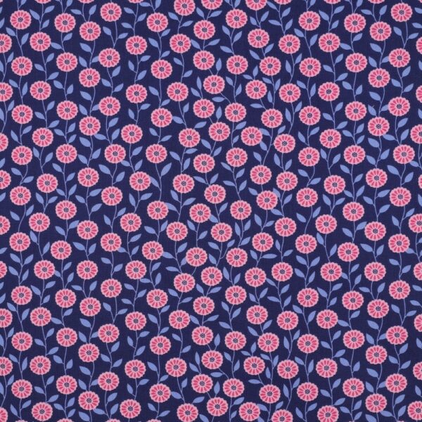 Bomullspoplin Blommor och blader marinblå/rosa fg 3
