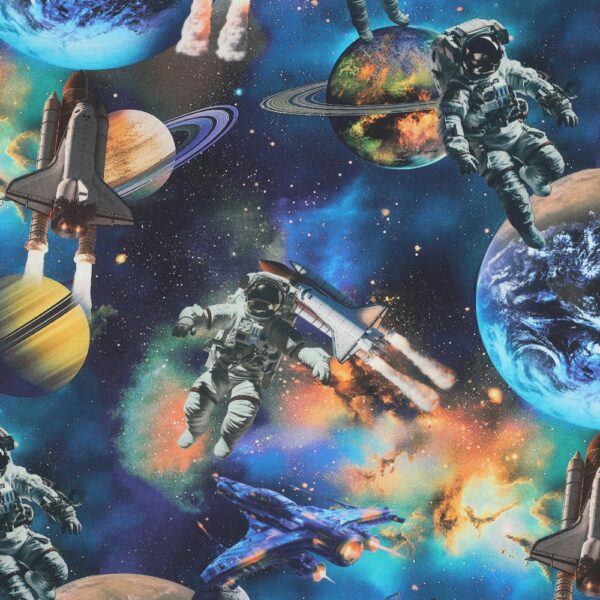 Bomullspoplin Space Explorer blå/turkos fg 3