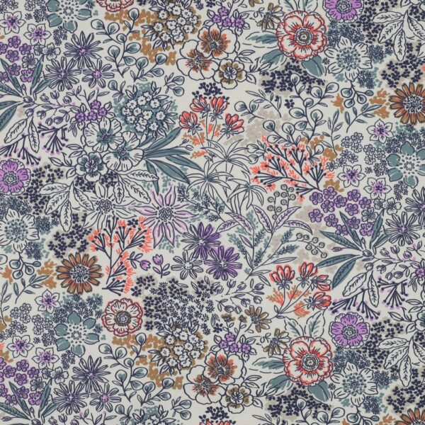 Bomullstyg Sommaräng ljusgrå/grön/lila/orange fg 002