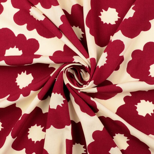 Viskospoplin Gladblomster vinröd/off white fg 3