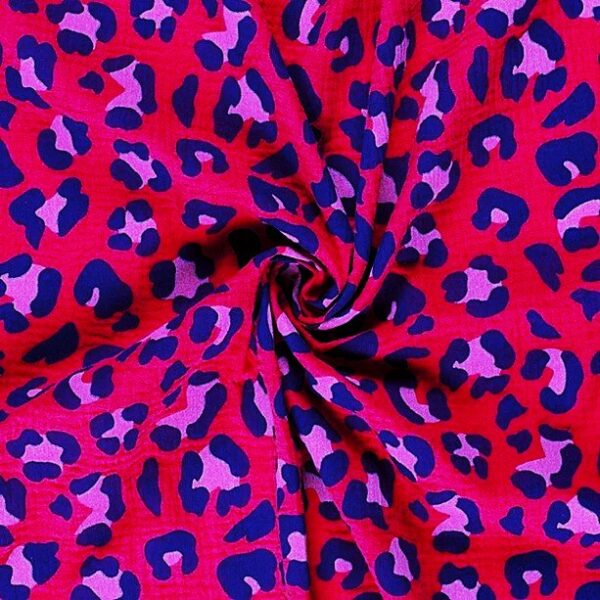 Muslin Sprallig leopard hallonrosa/blå fg 17