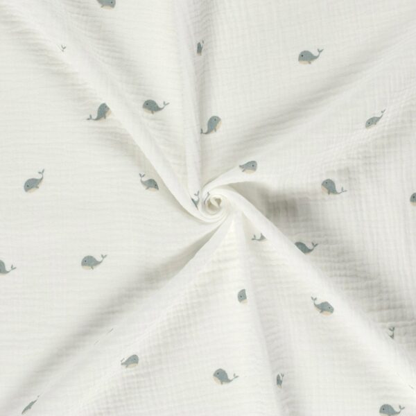 Muslin Förvirrade valar vit/jeansblå fg 51