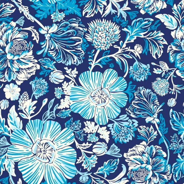 Bomullstyg Havsbrisblomma marinblå/turkos fg 8